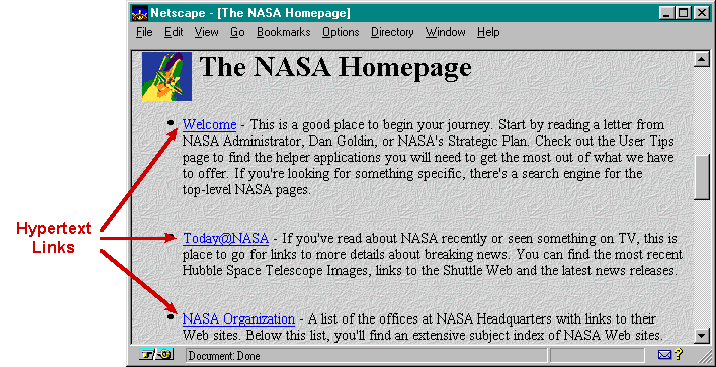 Screen shot of NASA homepage with hypertext 
links